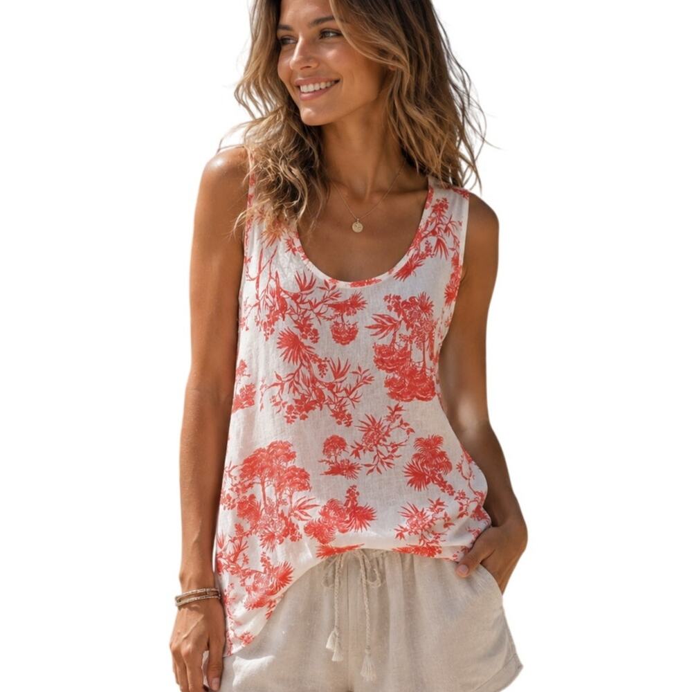 Pure Navy Tropical Linen Tank Womens Large White Coral Beachy Asymmetrical Top